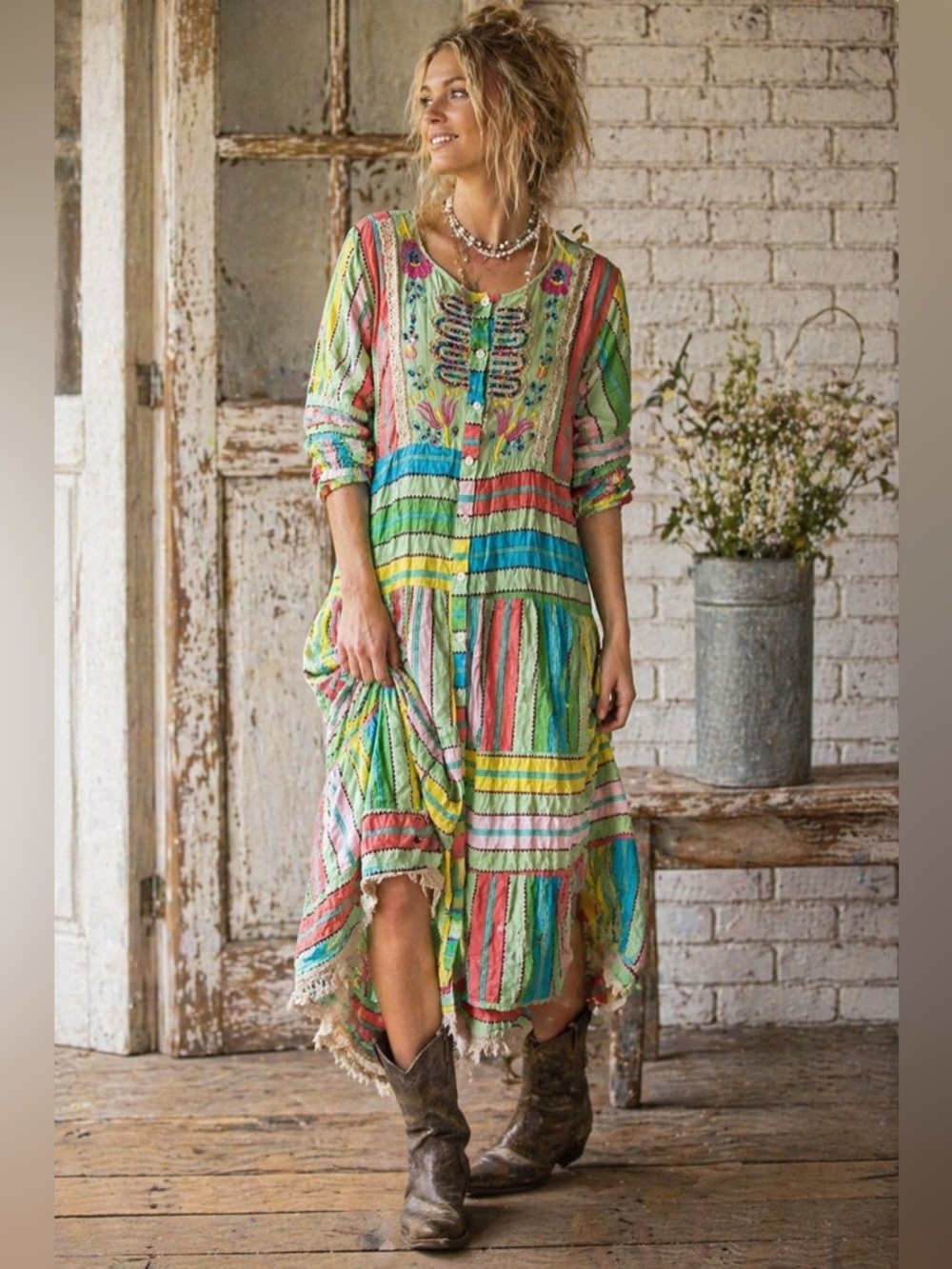 B&C Boho Patchwork Stripe Midi Dress Embroidered Sequin Size L